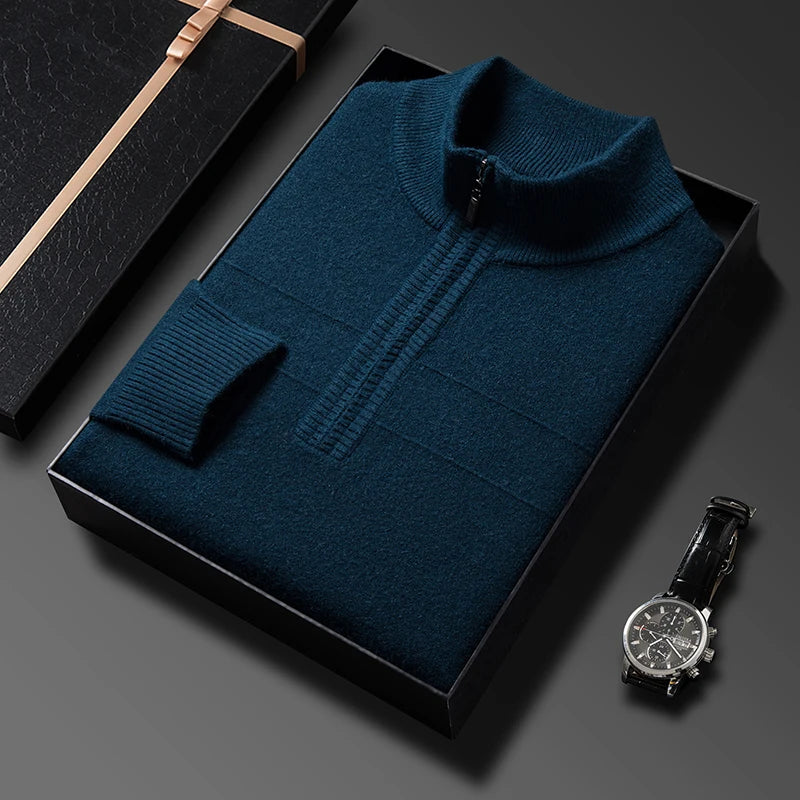 Men's autumn and winter high collar half zipper 100% wool sweater 2024 thick long sleeve warm pullover business casual knitted s