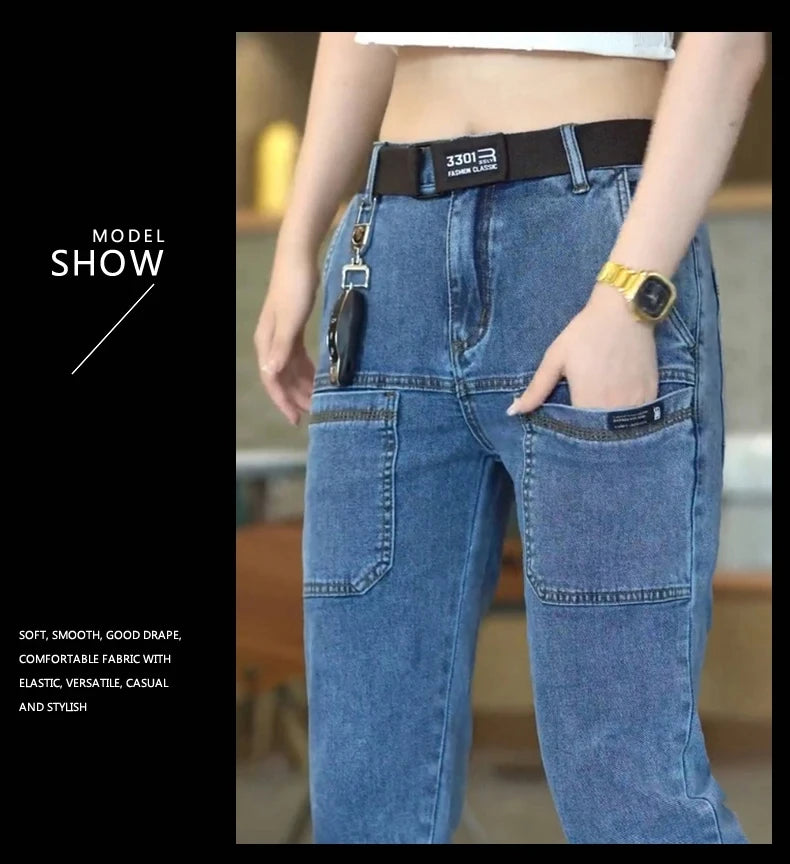 2024 New Brand Mens Casual Multiple Pockets Jeans Mid-Waist Elastic Straight Denim Trousers Versatile Loose Personality Pants
