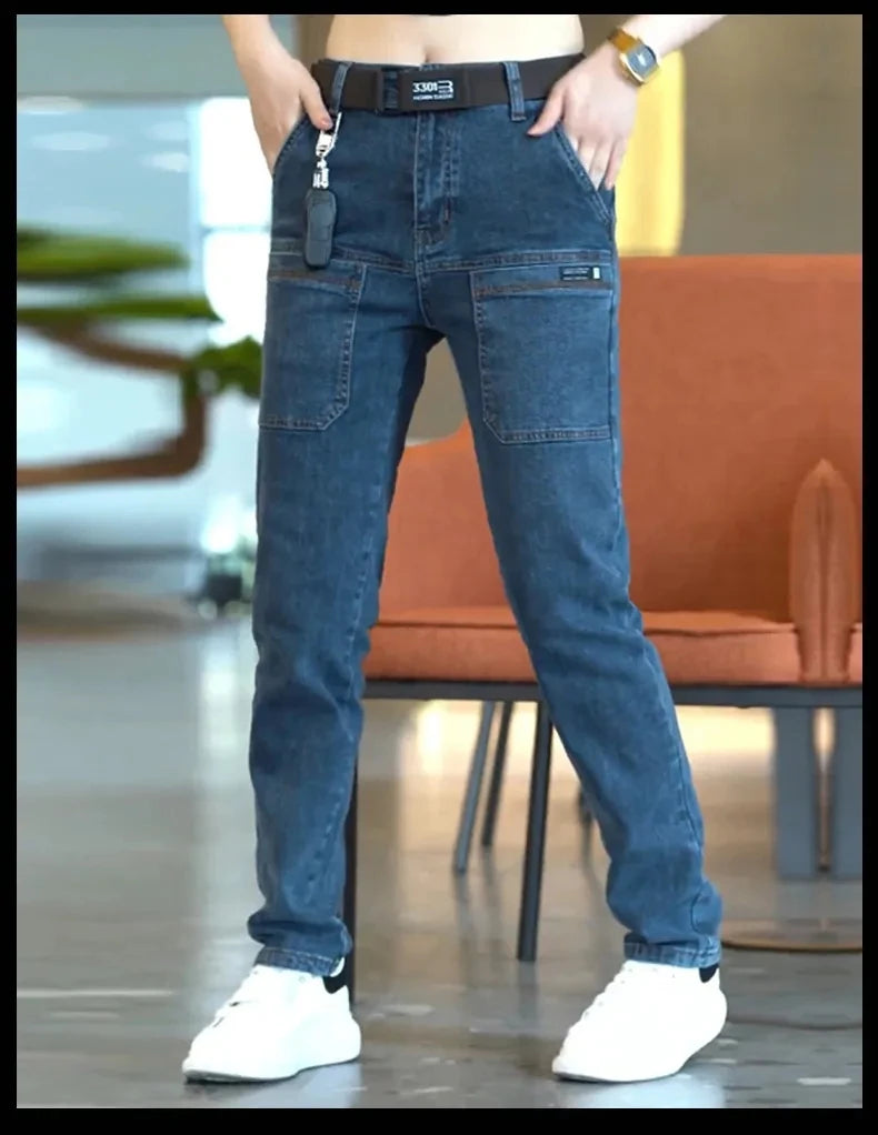 2024 New Brand Mens Casual Multiple Pockets Jeans Mid-Waist Elastic Straight Denim Trousers Versatile Loose Personality Pants