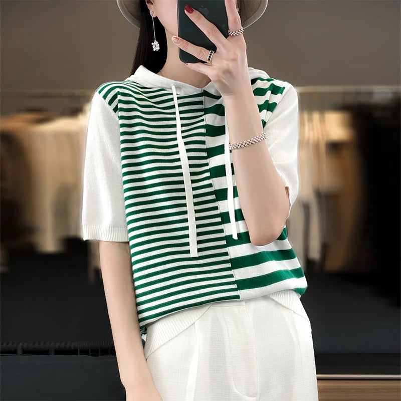 Summer New 100% Cotton Women's T-shirt Short Sleeve Loose Contrast Hooded Collar Pullover Casual Fashion Knitted T-shirt Top