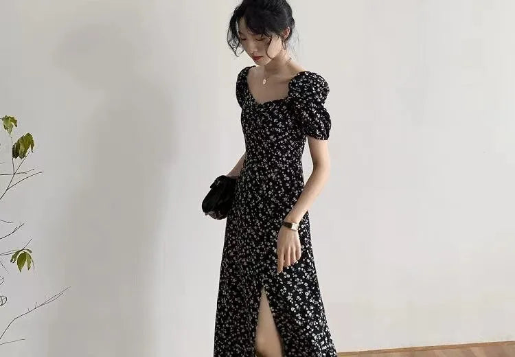French Style Square Collar Floral Print Dress Women Puff Sleeve High Waiste A-line Ladies Sweet Daily Dating Long Vestidos
