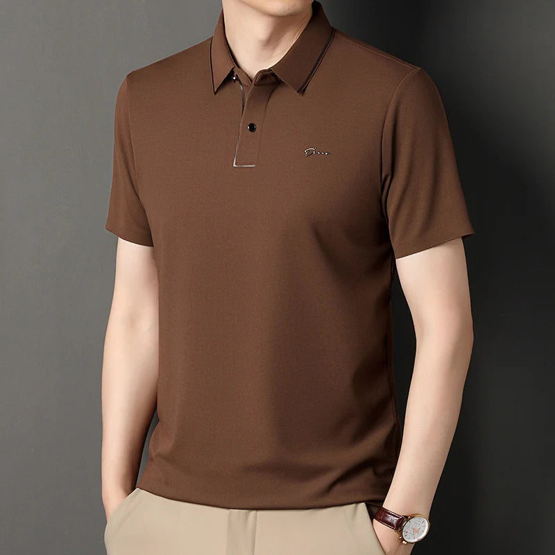 Handsome 2024 Summer Ice Silk Seamless Breathable Polo Shirt Men Short Sleeved Embroidery Casual Lapel T-shirt Men's Clothing