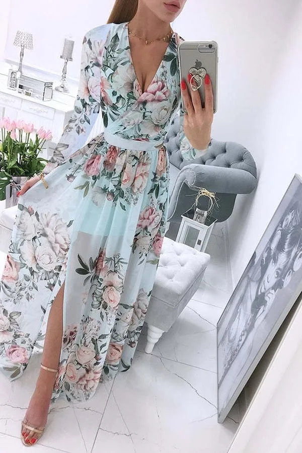 Amazon eBay Cross border 2024 Summer Chiffon Printed Long Dress V-neck Dress Long Sleeve Split Dress Women