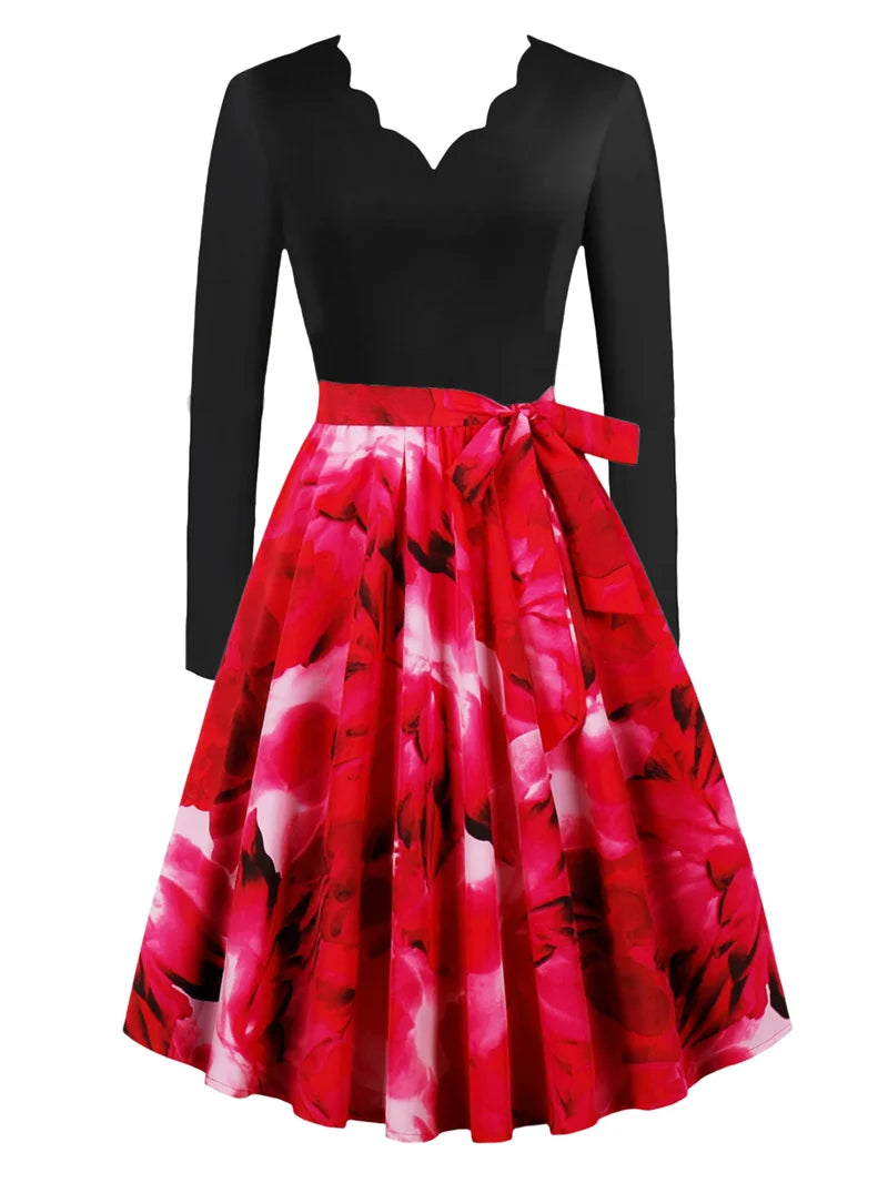 Sexy lace V-neck long sleeved pullover with slim fit floral print casual party A-line dress with belt included