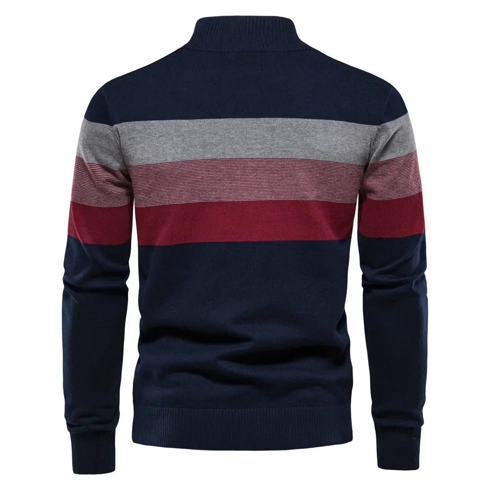 Autumn Winter Men's Sweater Half High Collar Color Matching Stripe Pullover High-quality Male Business Casual Knitwear Sweaters