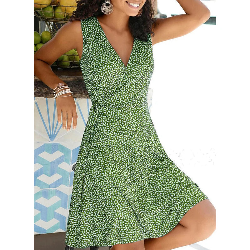 Summer Dress Women's New Casual Dot V Neck Sleeveless Bandage Beach Pop Floral Belt Women's Clothing Women
