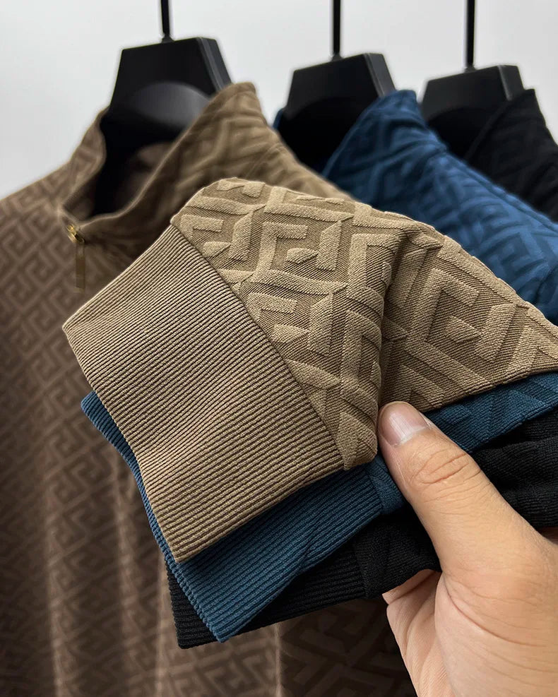High end brand fashion jacquard retro sweater for men's 2023 spring autumn new casual trend half zipper standing collar pullover