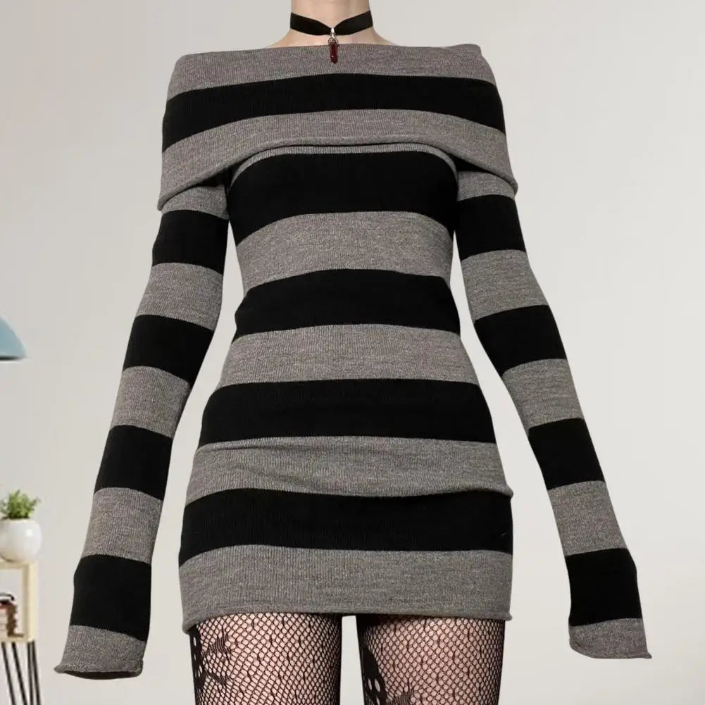 Striped Sweater Mini Dress Mall Goth Grunge Emo Bodycon Chic Women Off Shoulder Full Sleeve Slim Fit Dresses 00s Vintage