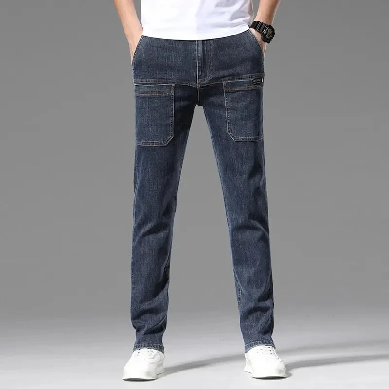 Korea Fashion Men Jeans Cargo Denim Pants Casual Blue Gray Pocket Denim Pants Straight Jean Womens Streetwear