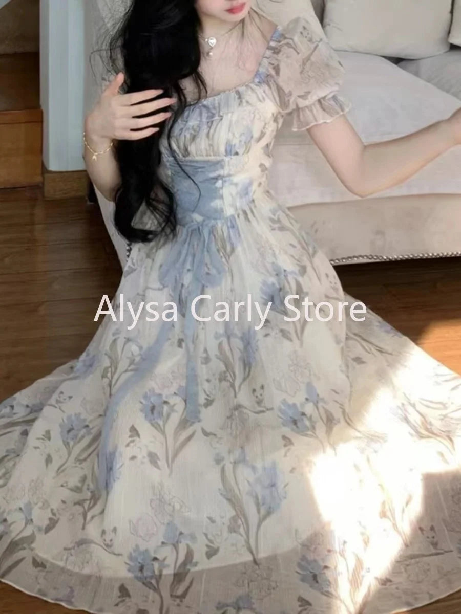 Elegant Vintage Floral Midi Dress Women Ruffles Design Casual Korean Fairy Dress Female 2024 Summer Lace-up Vacation Party Dress