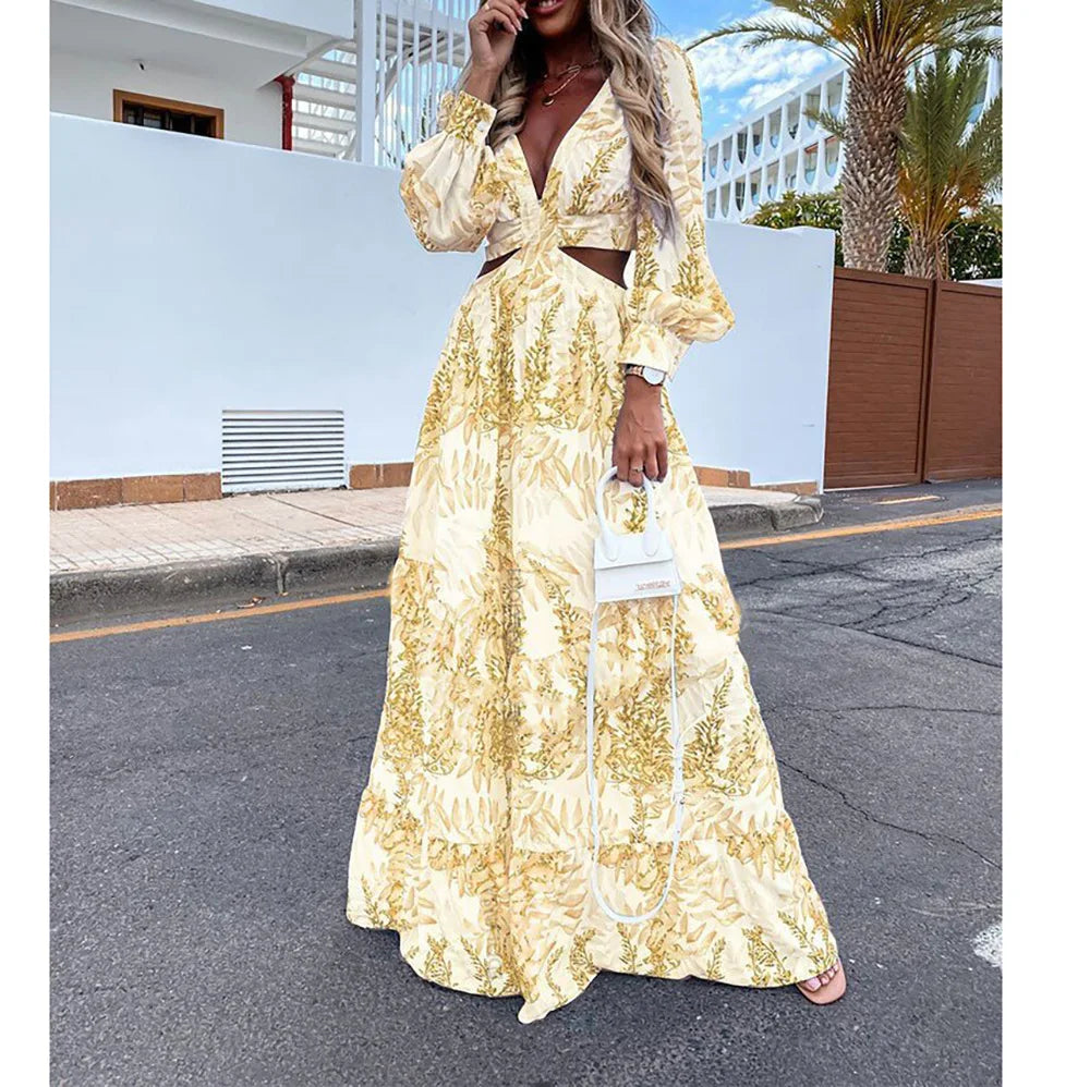 Spring New Long Dress Fashion Print Sexy Deep V-neck Long Sleeved Dress Women's Elegant Hollow Out Ruffle Spliced Maxi Dress