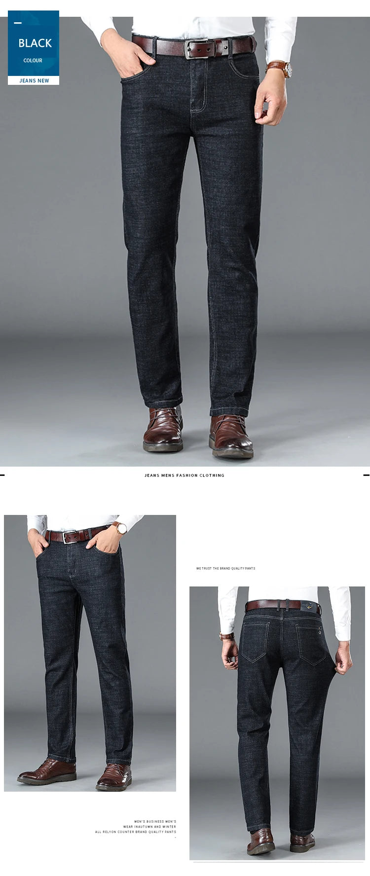 High Quality Men's Business Stretch Jeans Korean Casual Pants Denim Straight Trousers Black Navy Blue Men's Clothes