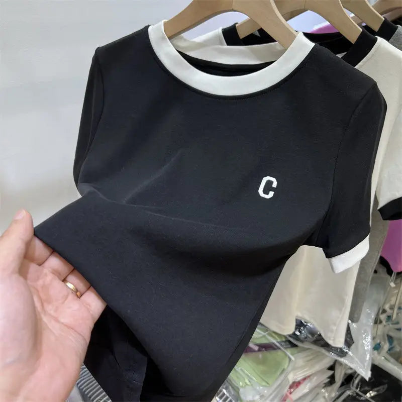 Large size women's cotton short sleeve T-shirt fat MM 2023 summer new color-block letter embroidery simple versatile top