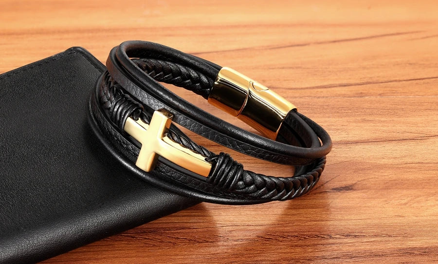 2023 Luxury Multicolor Cross Design Classic Stainless Steel Men's Leather Bracelet 19/21/23cm Choose Handsome Christmas Gifts