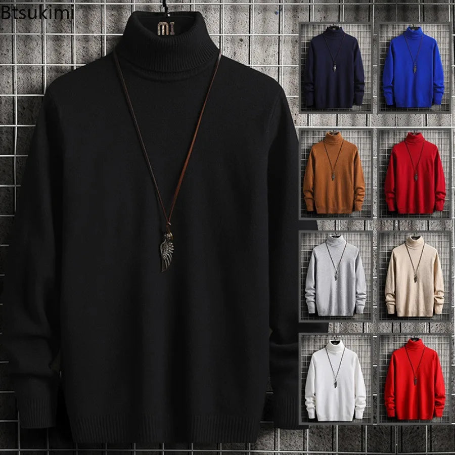 2024 Turtleneck Sweaters Men's Solid Pullovers Knitted Sweater High Collar Knitwear Pullovers Autumn Winter Warm Sweater for Men