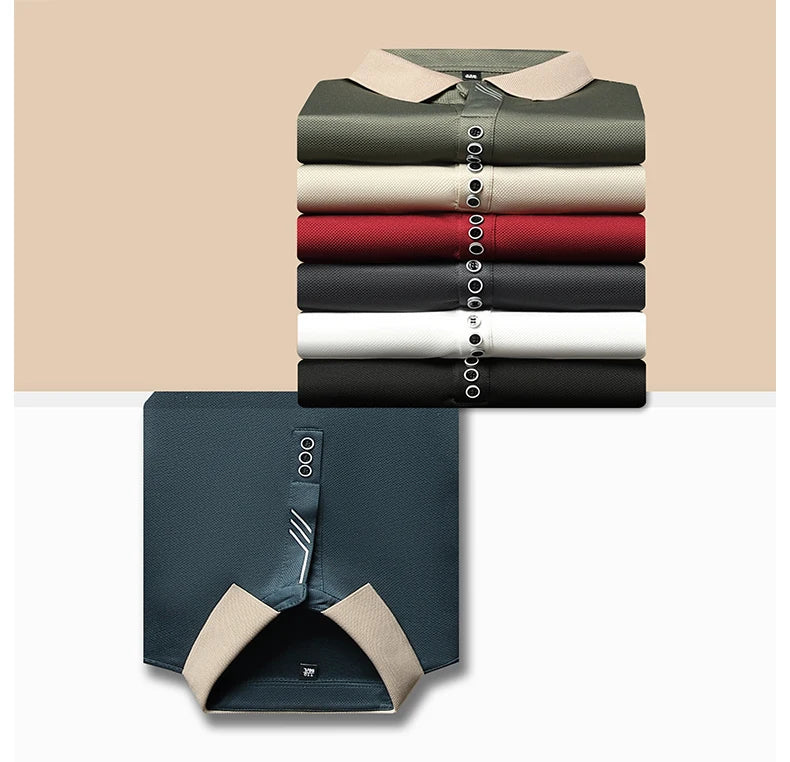 Autumn New Men's Long-sleeved Polo Shirt Business Casual Slim Elastic Top Fashion Classic Solid Color Male Brand Tees