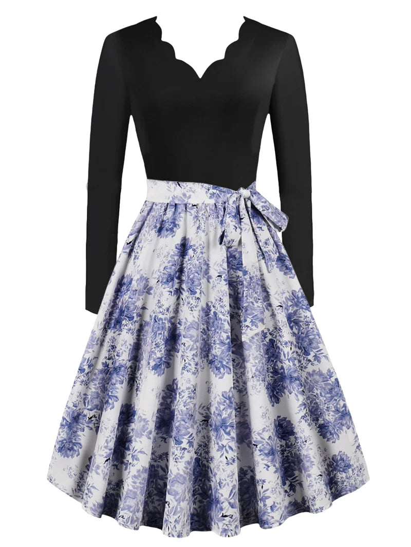 Sexy lace V-neck long sleeved pullover with slim fit floral print casual party A-line dress with belt included