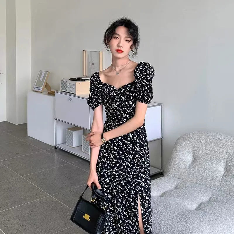 French Style Square Collar Floral Print Dress Women Puff Sleeve High Waiste A-line Ladies Sweet Daily Dating Long Vestidos