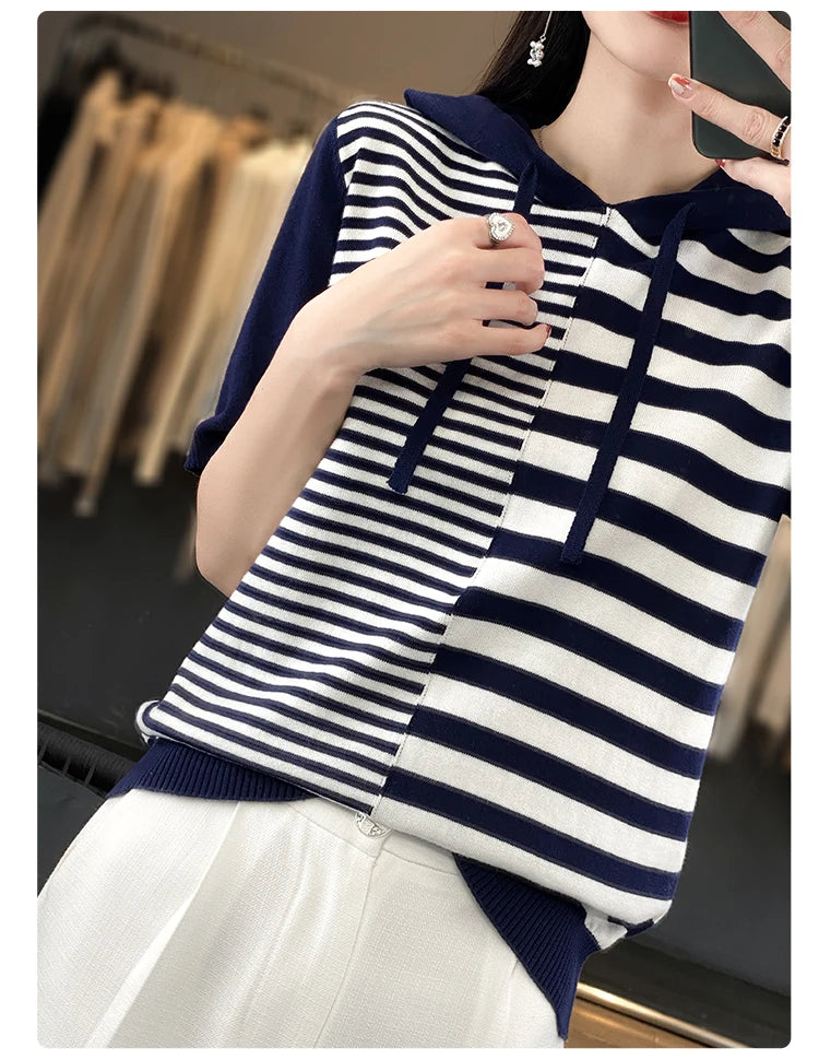 Summer New 100% Cotton Women's T-shirt Short Sleeve Loose Contrast Hooded Collar Pullover Casual Fashion Knitted T-shirt Top
