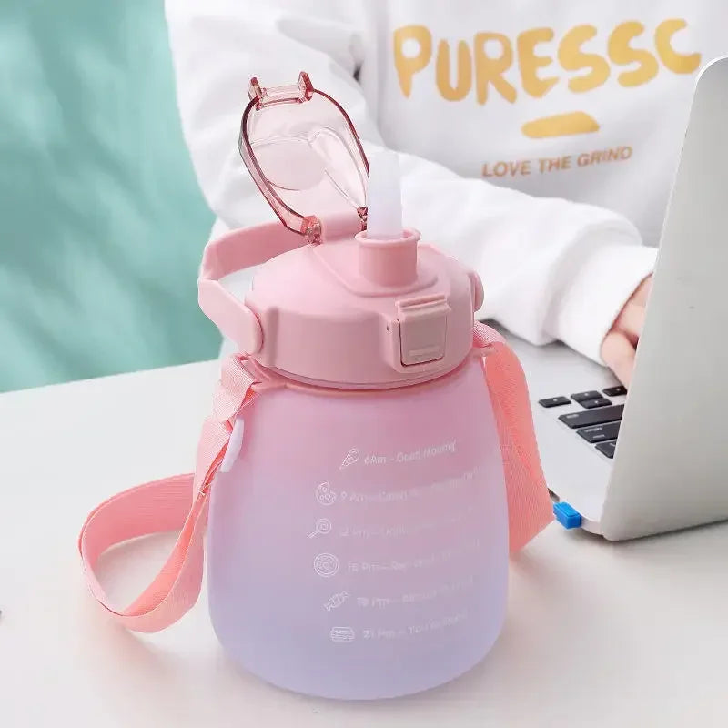 1/4PCS Large Capacity Frosted Mug Travel Portable Sports Bottle Plastic Cup Handheld Shoulder Strap Water Bottle Straw Mug