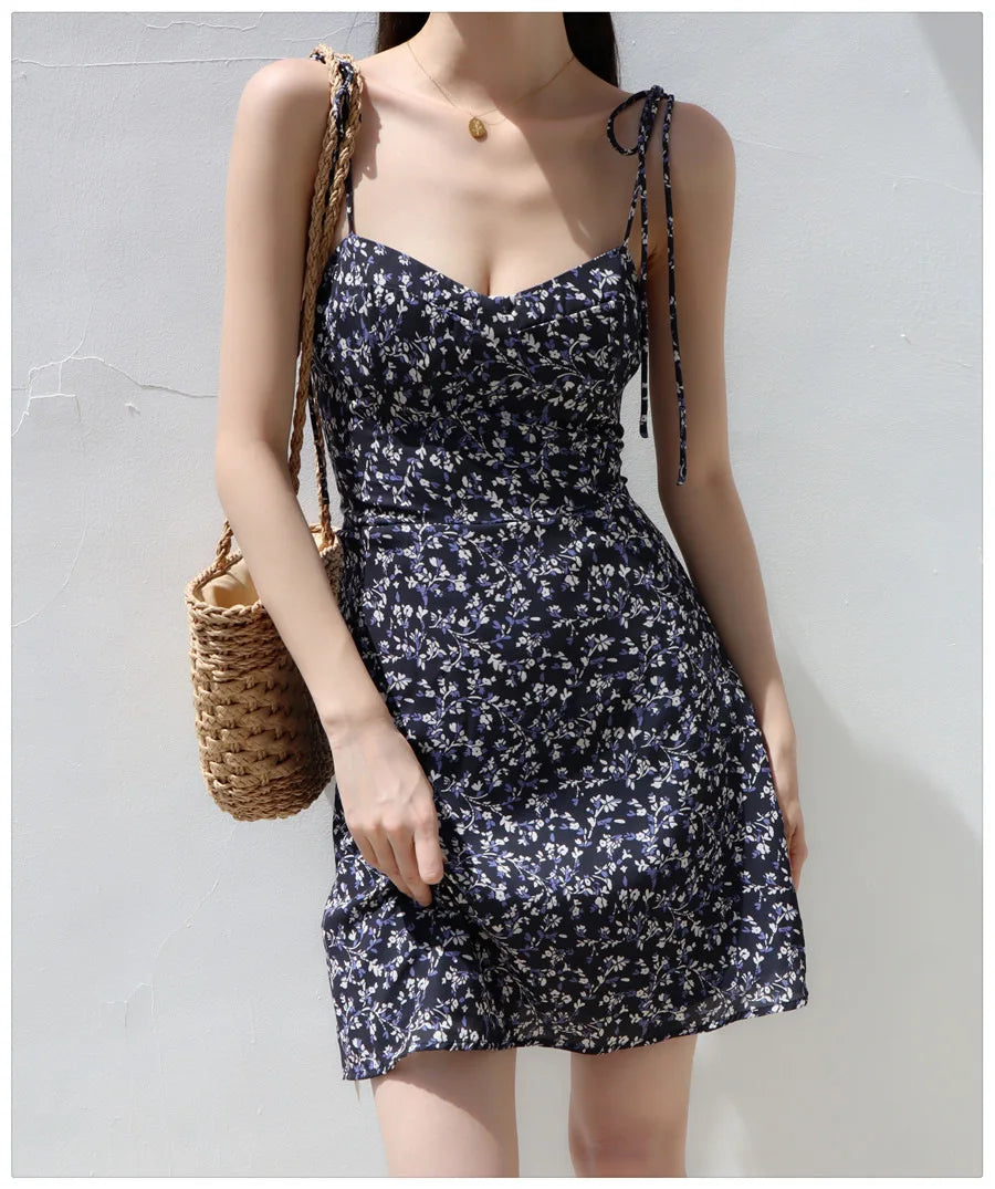 Bandage Floral Spaghetti Strap Dress Womens Y2k Clothes Sleeveless Mini Fashion Summer Short Party Backless Dresses for Women