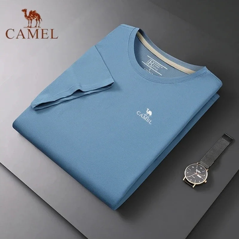 Embroidered CAMEL Round Neck Short Sleeved T-shirt, Summer Men's Fashionable Casual Outdoor Sports Breathable Polo Shirt Top