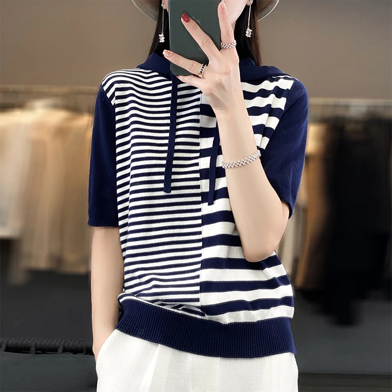 Summer New 100% Cotton Women's T-shirt Short Sleeve Loose Contrast Hooded Collar Pullover Casual Fashion Knitted T-shirt Top
