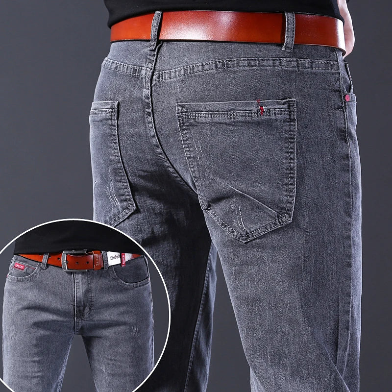 2024 New Fashion Jeans Men Korean Style Straight Grey Middle Waist Pants Male Casual Denim Trousers