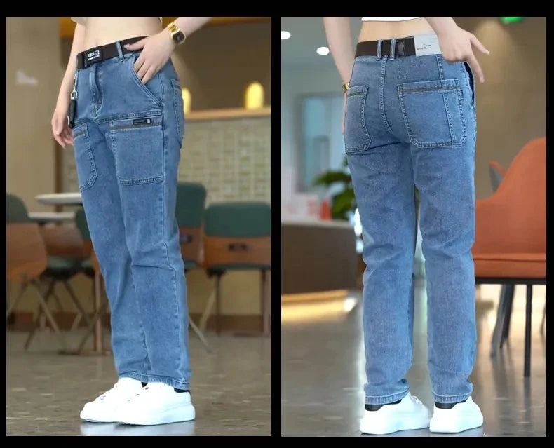 2024 New Brand Mens Casual Multiple Pockets Jeans Mid-Waist Elastic Straight Denim Trousers Versatile Loose Personality Pants