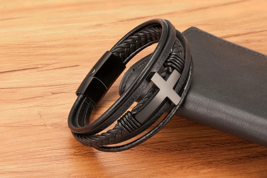 2023 Luxury Multicolor Cross Design Classic Stainless Steel Men's Leather Bracelet 19/21/23cm Choose Handsome Christmas Gifts