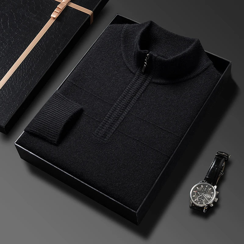 Men's autumn and winter high collar half zipper 100% wool sweater 2024 thick long sleeve warm pullover business casual knitted s