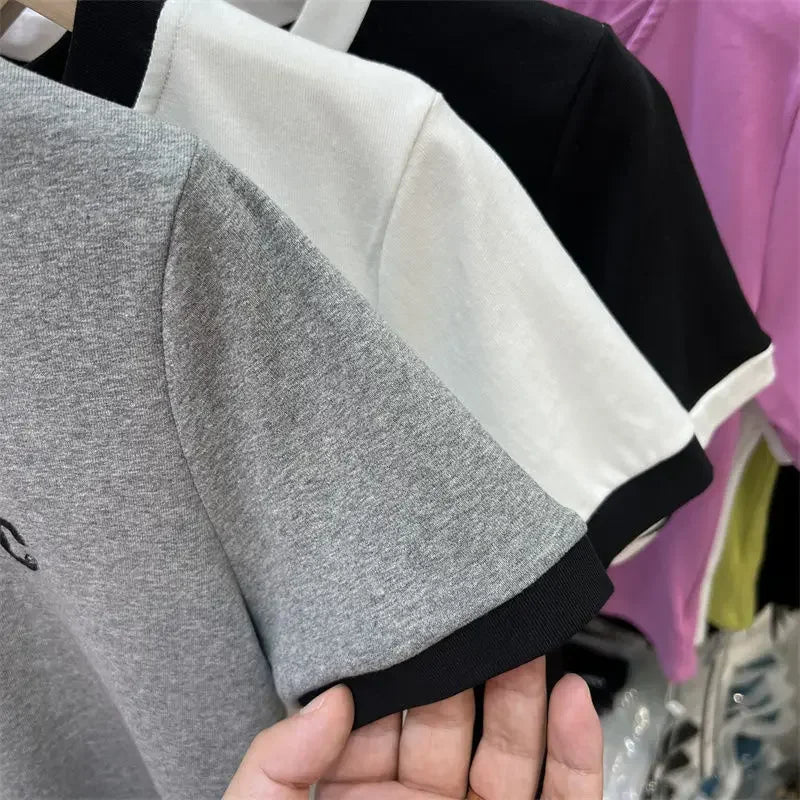 Large size women's cotton short sleeve T-shirt fat MM 2023 summer new color-block letter embroidery simple versatile top