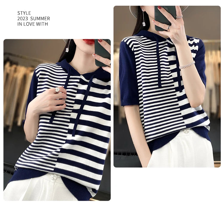 Summer New 100% Cotton Women's T-shirt Short Sleeve Loose Contrast Hooded Collar Pullover Casual Fashion Knitted T-shirt Top