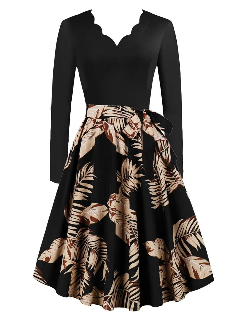 Sexy lace V-neck long sleeved pullover with slim fit floral print casual party A-line dress with belt included