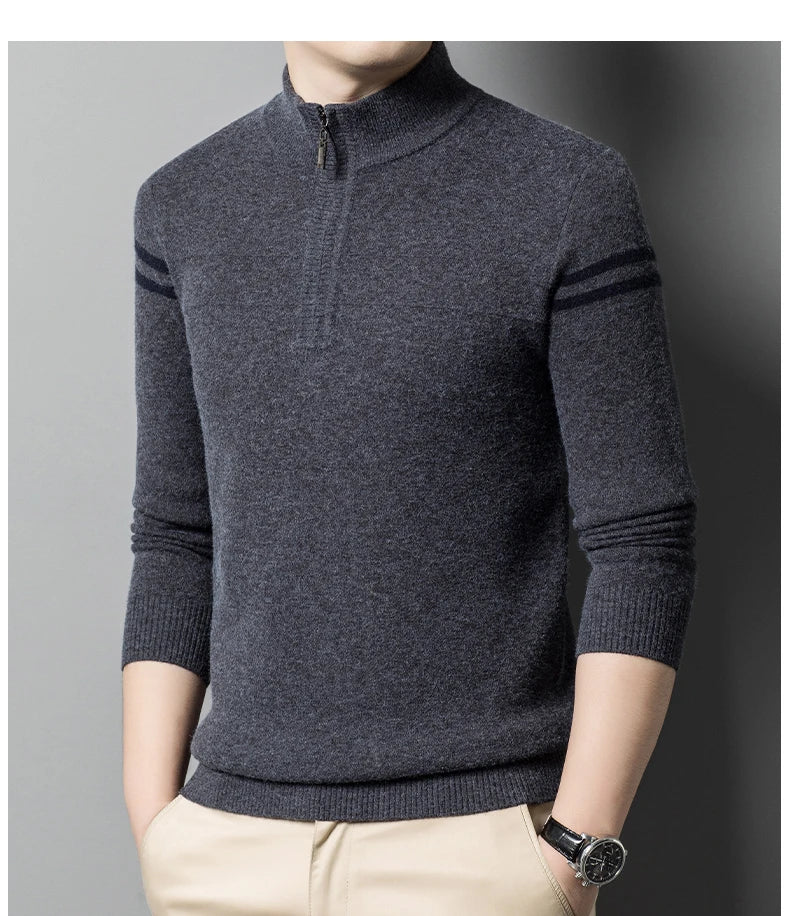 Men's autumn and winter high collar half zipper 100% wool sweater 2024 thick long sleeve warm pullover business casual knitted s