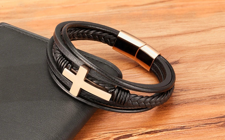 2023 Luxury Multicolor Cross Design Classic Stainless Steel Men's Leather Bracelet 19/21/23cm Choose Handsome Christmas Gifts