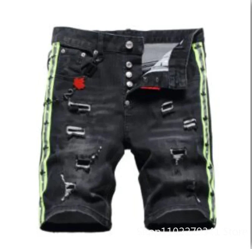 Men Black Denim Shorts New Summer Male Holes Shorts Jeans High Quality Male Stretch Fit Ripped Denim Jeans Shorts Size 44