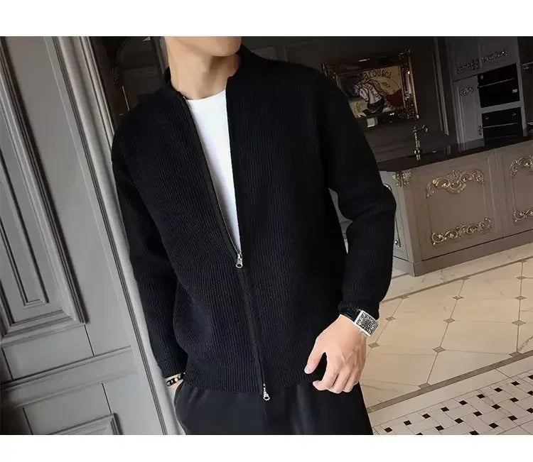 Autumn Winter Men's Solid Color Knitted Cardigan Sweater Jacket Casual Slimming Top Fashionable White Coat