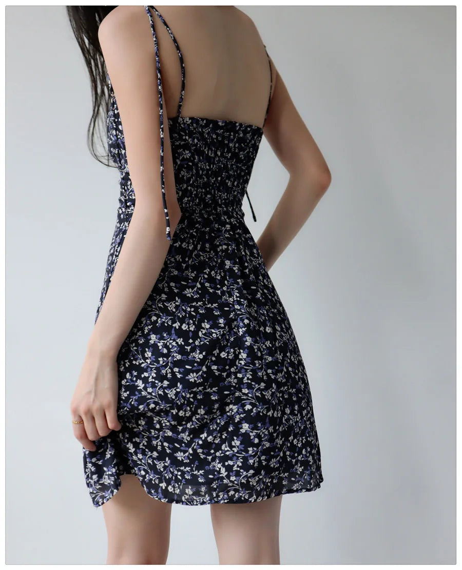 Bandage Floral Spaghetti Strap Dress Womens Y2k Clothes Sleeveless Mini Fashion Summer Short Party Backless Dresses for Women