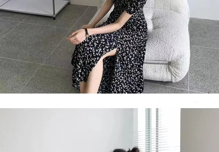 French Style Square Collar Floral Print Dress Women Puff Sleeve High Waiste A-line Ladies Sweet Daily Dating Long Vestidos