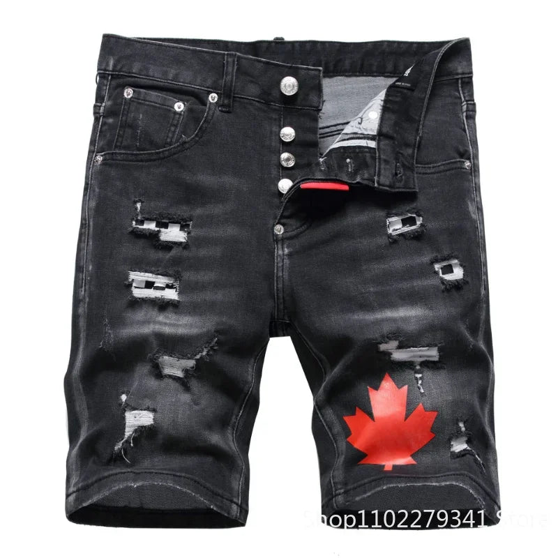 Men Black Denim Shorts New Summer Male Holes Shorts Jeans High Quality Male Stretch Fit Ripped Denim Jeans Shorts Size 44