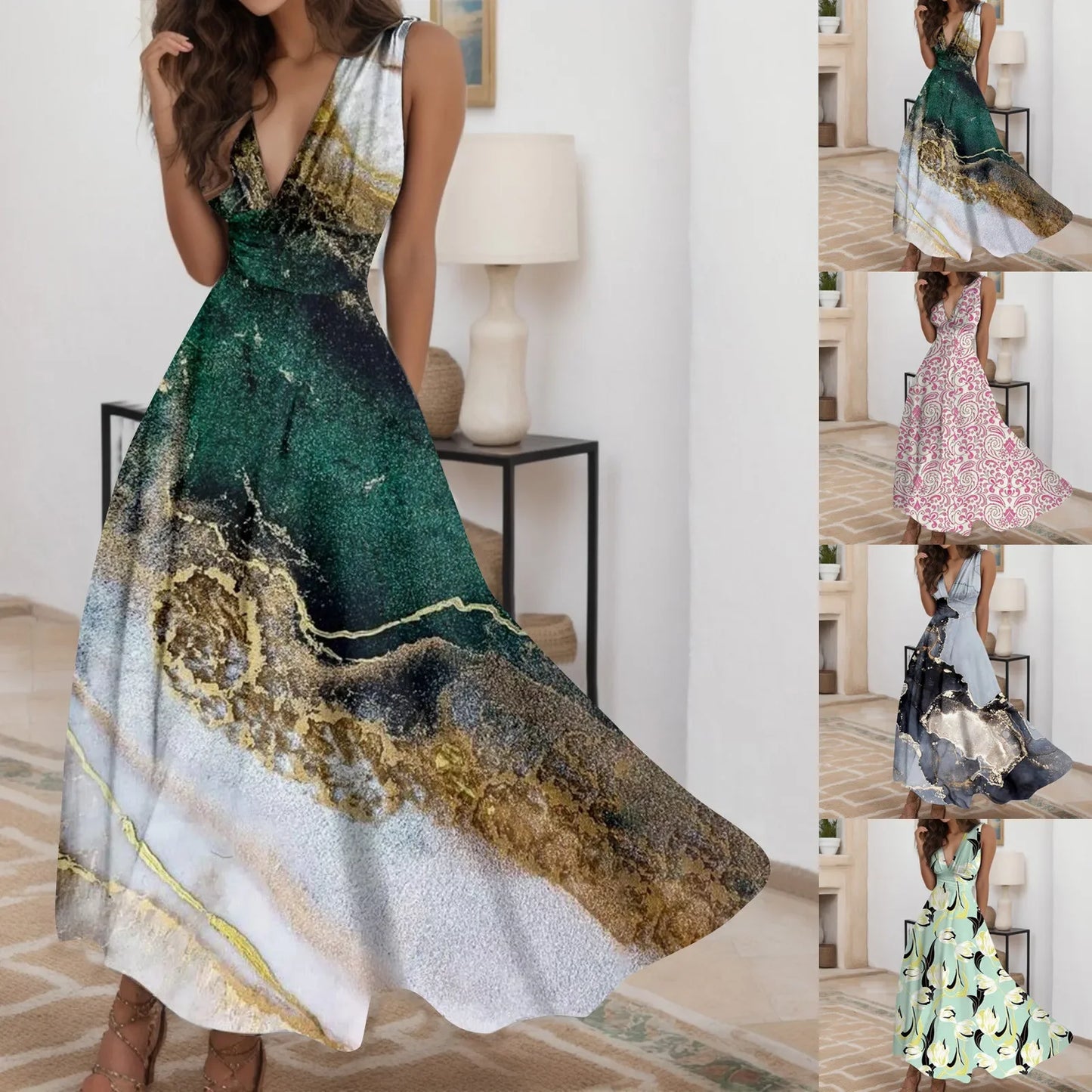 Fashion Print Elegant Temperament Long Dress Women Summer A-Line Sleeveless Party Dress 2023 Deep-V Commute Ladies Party Dress