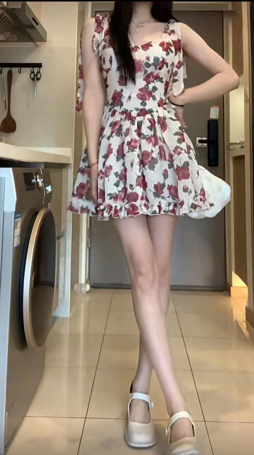 Summer New French Vintage Floral Halter Dress V-neck Sleeveless A-line Cute Short Dress Birthday Party Dress Camisole Dresses