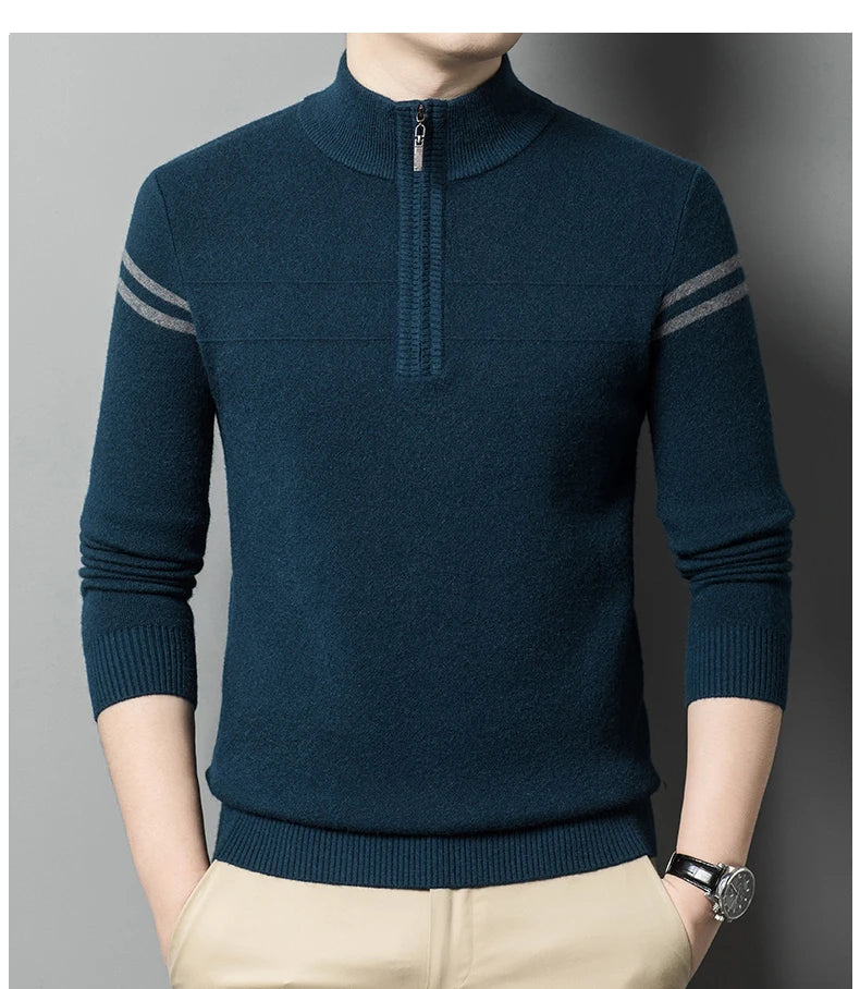 Men's autumn and winter high collar half zipper 100% wool sweater 2024 thick long sleeve warm pullover business casual knitted s