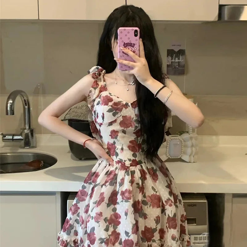 Summer New French Vintage Floral Halter Dress V-neck Sleeveless A-line Cute Short Dress Birthday Party Dress Camisole Dresses