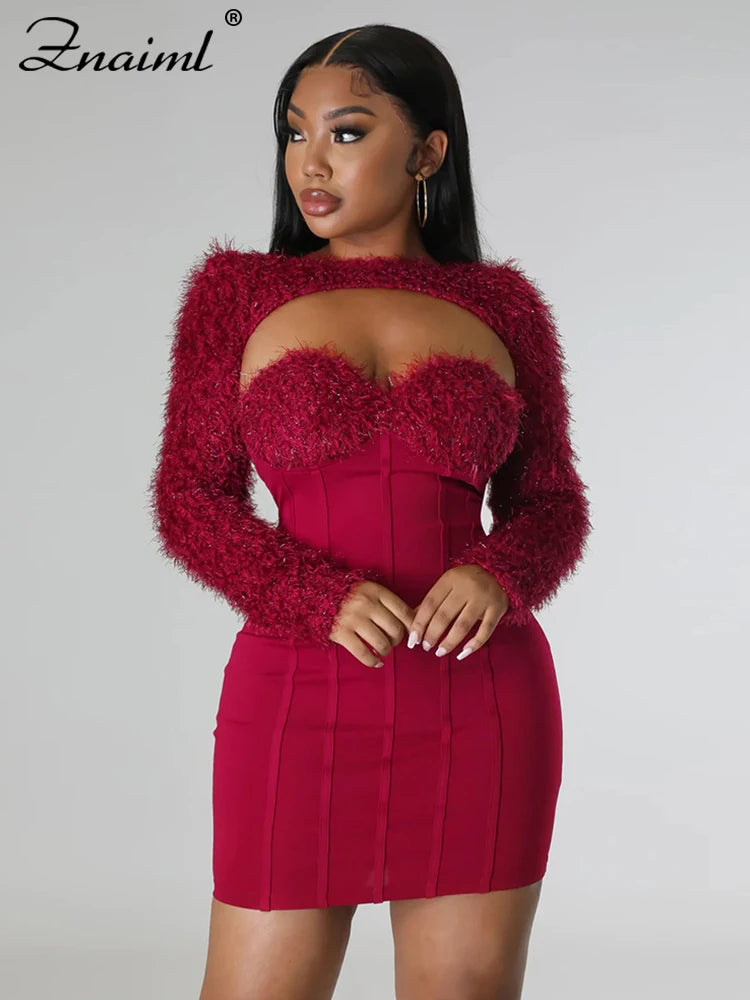 Znaiml Spring Fall Velvet Evening Party Dresses for Women Elegant Corset Short Robe with Shawl Nightclub Prom Bodycon Vestidos