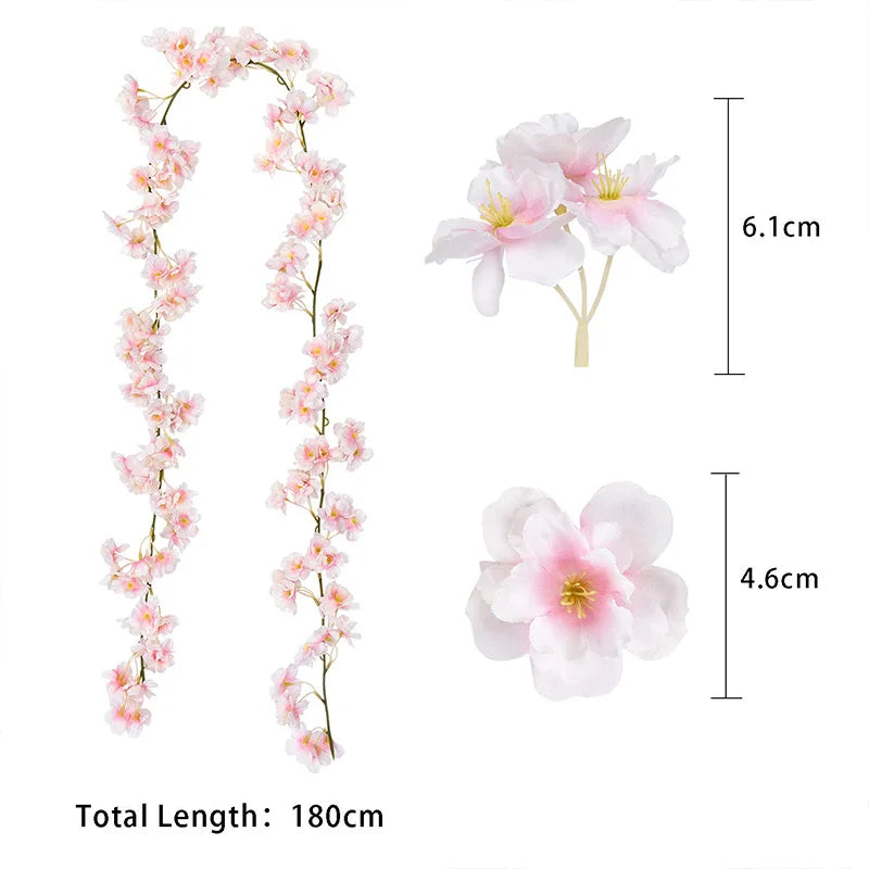 180cm Artificial Flowers Cherry Blossom Sakura Garland Wedding Arch Garden Backdrop Home Party Decoration Silk Fake Plants Vine
