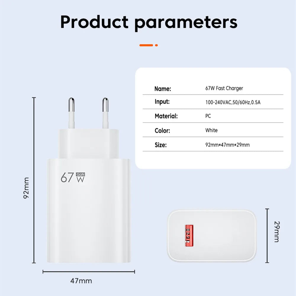67W GaN USB Charger Phone Charger Fast Charging Adapter For iPhone 15 14 13 12 Pro Samsung Huawei Xiaomi Mobile Phone Chargers