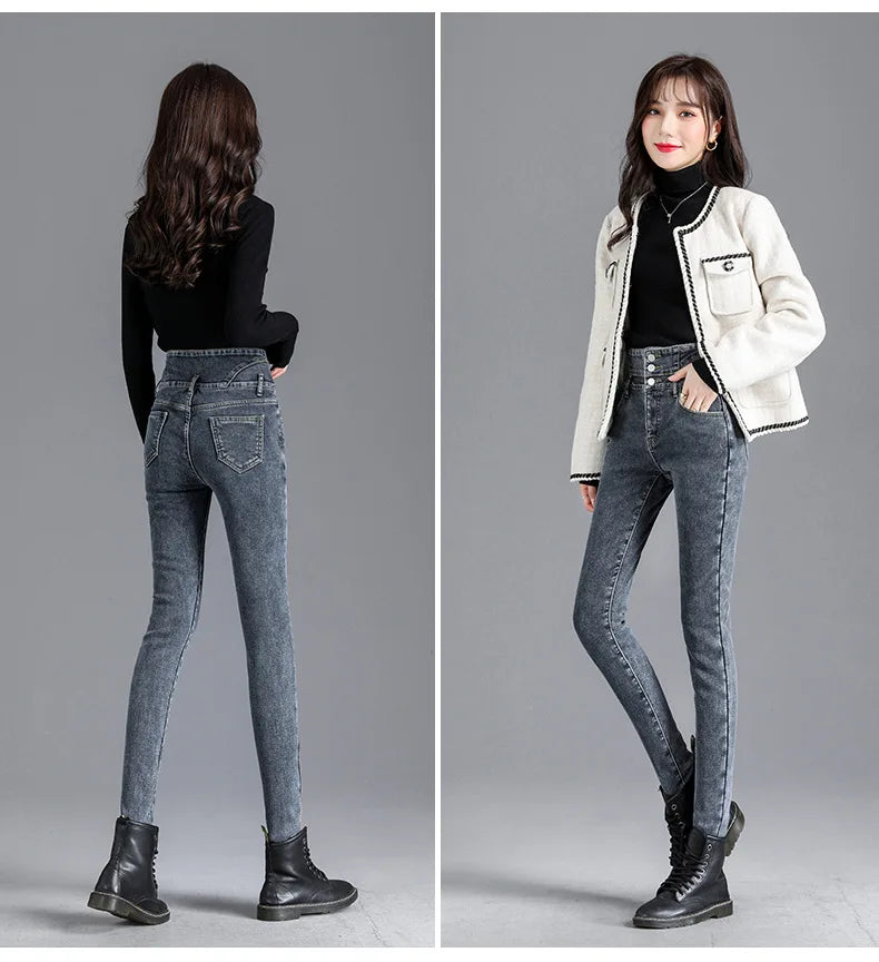 High-quality New Vintage High-waist Stretch Skinny Jeans, Women's Fashion Stretch Button Pencil Pants, Mom Casual Jeans Pants