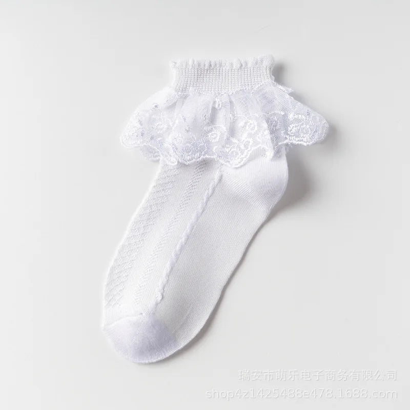 Spring Summer Breathable Cotton Lace Ruffle Princess Cute Thin Mesh Socks Children Ankle Short Sock Solid White Baby Girls Kids